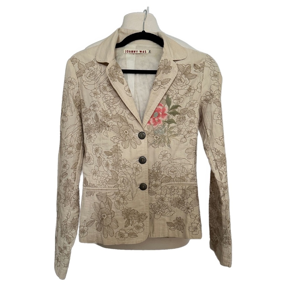 Johnny Was Embroidered Floral Rose Boho Blazer